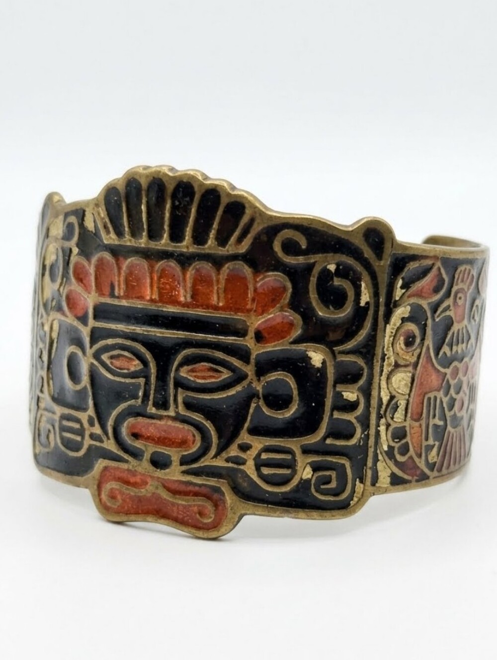 Vtg Brass Enamel Mayan/Aztec Cuff Bracelet